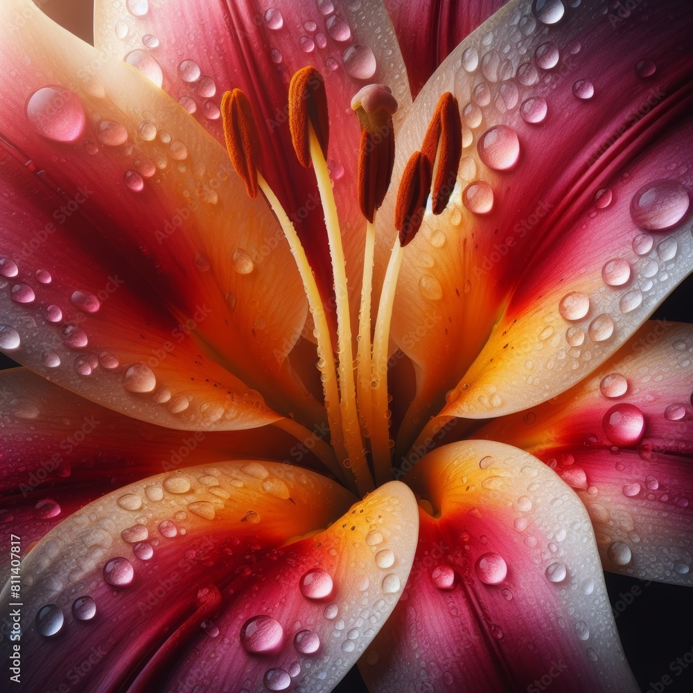 Close-up macro of a lily flower with dew on its petals Close-up macro of a lily flower with dew on its petals