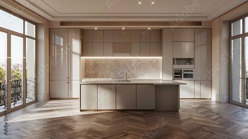 A sleek modern kitchen interior with a herringbone floo photo