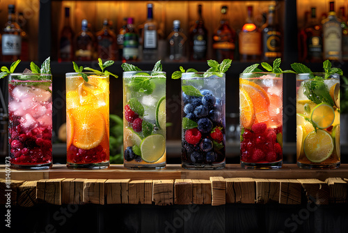 Fresh summer drinks cocktails with berries, fruits, ice and frost on glasses. Vacation open beach bar concept. photo