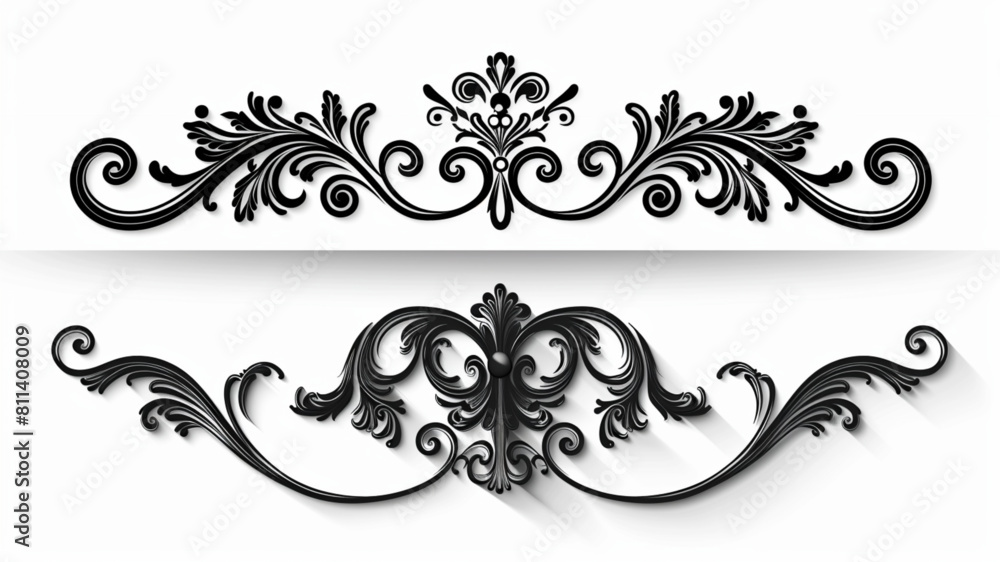 Decorative dividers. Hand drawn floral ornament, text divider, flower border, flourish arrow, foliage wreath, curly branch 3D avatars set vector icon, white background, black colour icon