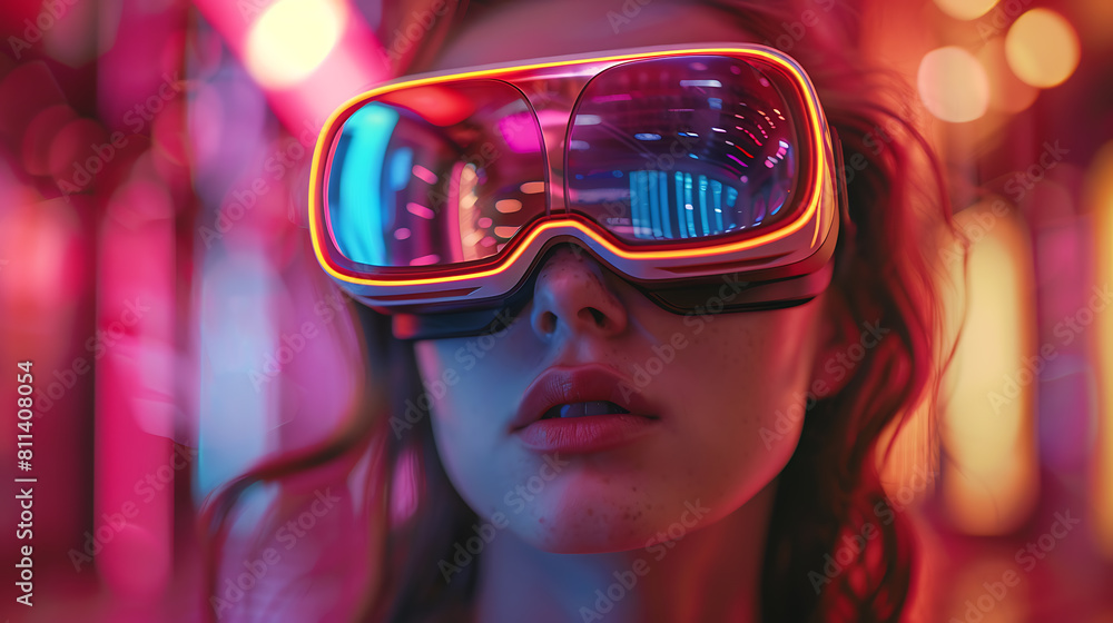 Immersed in the metaverse, a woman wears VR virtual reality goggles, embodying futuristic living, blending technology seamlessly with everyday life Immersed in the metaverse, a woman wears VR virtual reality goggles, embodying futuristic living, blending technology seamlessly with everyday life