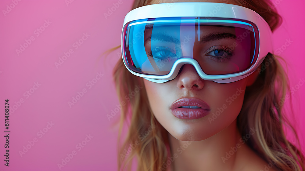 Immersed in the metaverse, a woman wears VR virtual reality goggles, embodying futuristic living, blending technology seamlessly with everyday life Immersed in the metaverse, a woman wears VR virtual reality goggles, embodying futuristic living, blending technology seamlessly with everyday life