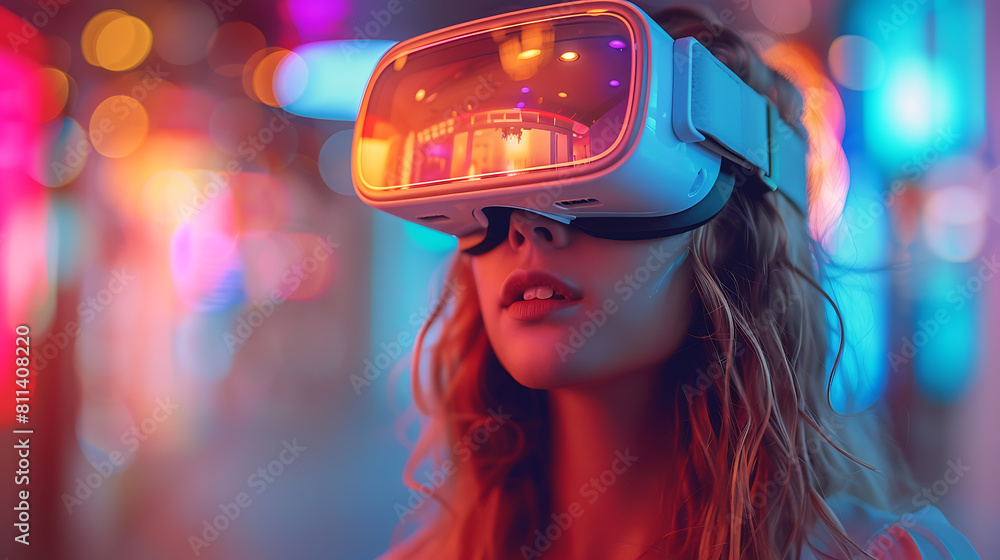 Immersed in the metaverse, a woman wears VR virtual reality goggles, embodying futuristic living, blending technology seamlessly with everyday life Immersed in the metaverse, a woman wears VR virtual reality goggles, embodying futuristic living, blending technology seamlessly with everyday life