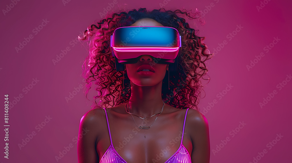 Immersed in the metaverse, a woman wears VR virtual reality goggles, embodying futuristic living, blending technology seamlessly with everyday life
