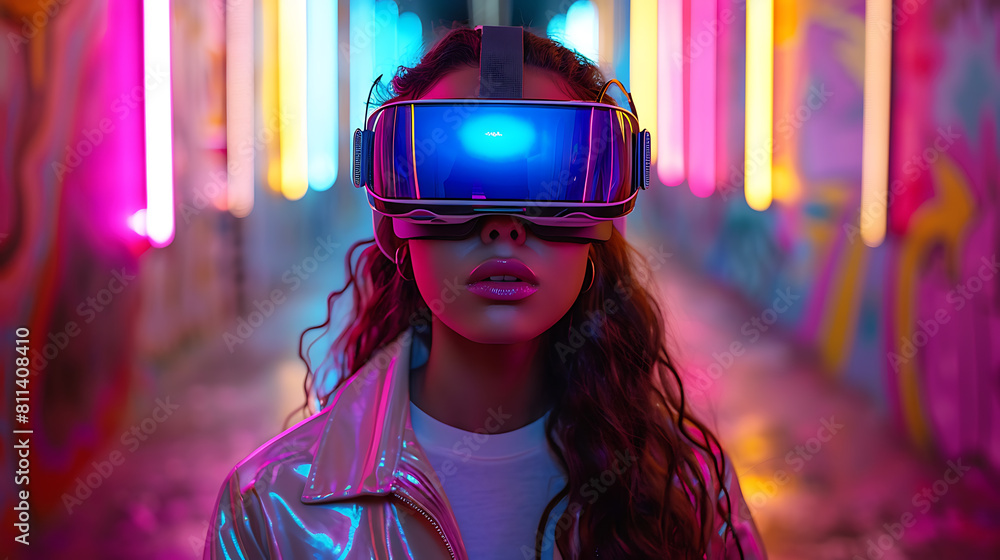 Immersed in the metaverse, a woman wears VR virtual reality goggles, embodying futuristic living, blending technology seamlessly with everyday life Immersed in the metaverse, a woman wears VR virtual reality goggles, embodying futuristic living, blending technology seamlessly with everyday life
