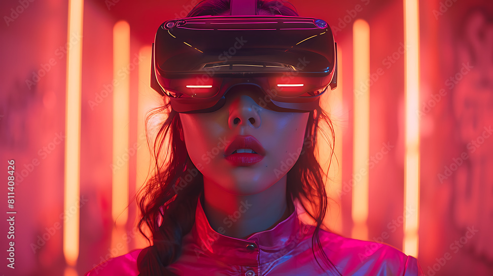 Immersed in the metaverse, a woman wears VR virtual reality goggles, embodying futuristic living, blending technology seamlessly with everyday life Immersed in the metaverse, a woman wears VR virtual reality goggles, embodying futuristic living, blending technology seamlessly with everyday life
