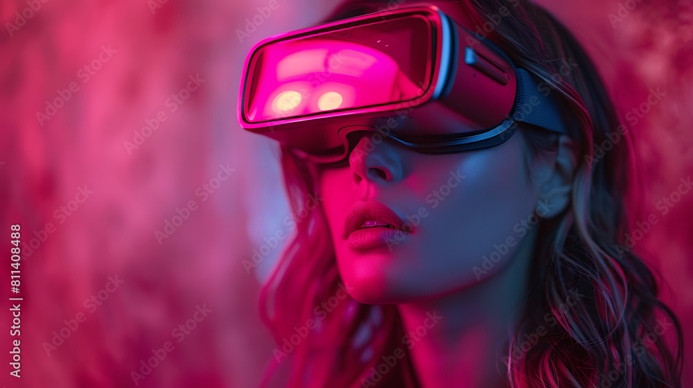 Immersed in the metaverse, a woman wears VR virtual reality goggles, embodying futuristic living, blending technology seamlessly with everyday life Immersed in the metaverse, a woman wears VR virtual reality goggles, embodying futuristic living, blending technology seamlessly with everyday life