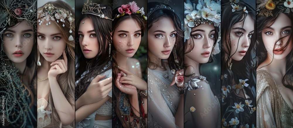Fototapeta premium Beautiful fantasy fairy tale elf woman princess portrait collection set wallpaper AI generated image