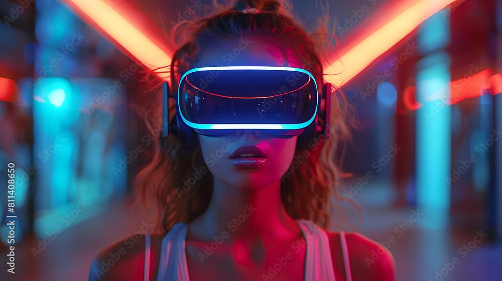 Immersed in the metaverse, a woman wears VR virtual reality goggles, embodying futuristic living, blending technology seamlessly with everyday life Immersed in the metaverse, a woman wears VR virtual reality goggles, embodying futuristic living, blending technology seamlessly with everyday life