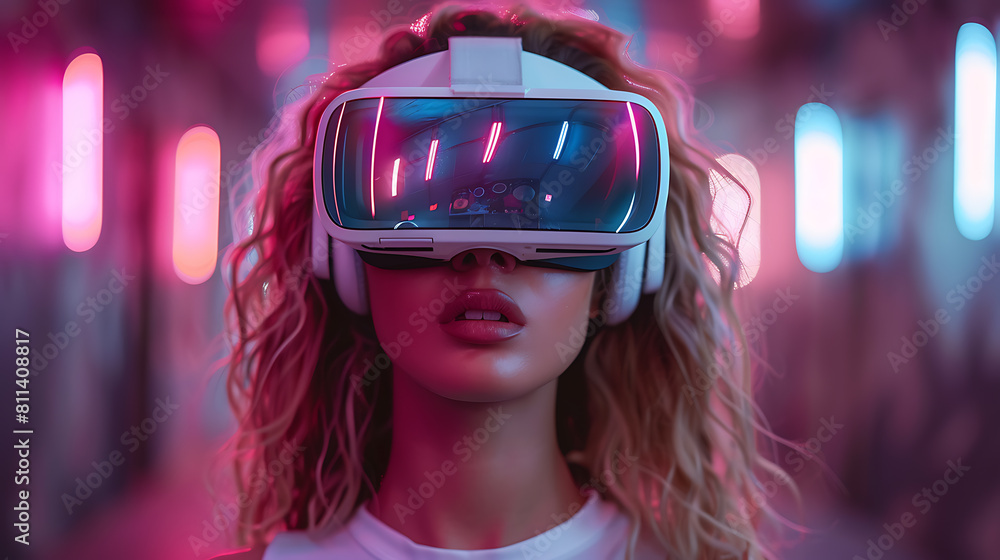 Immersed in the metaverse, a woman wears VR virtual reality goggles, embodying futuristic living, blending technology seamlessly with everyday life Immersed in the metaverse, a woman wears VR virtual reality goggles, embodying futuristic living, blending technology seamlessly with everyday life