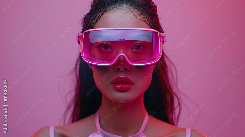 Immersed in the metaverse, a woman wears VR virtual reality goggles, embodying futuristic living, blending technology seamlessly with everyday life Immersed in the metaverse, a woman wears VR virtual reality goggles, embodying futuristic living, blending technology seamlessly with everyday life