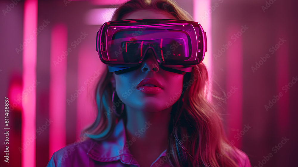 Immersed in the metaverse, a woman wears VR virtual reality goggles, embodying futuristic living, blending technology seamlessly with everyday life Immersed in the metaverse, a woman wears VR virtual reality goggles, embodying futuristic living, blending technology seamlessly with everyday life