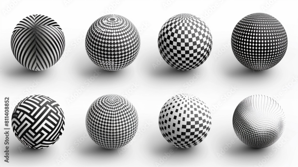 Dotted halftone 3D sphere. Striped and checkered spheres with triangle, hexagon and circle particles, halftone balls