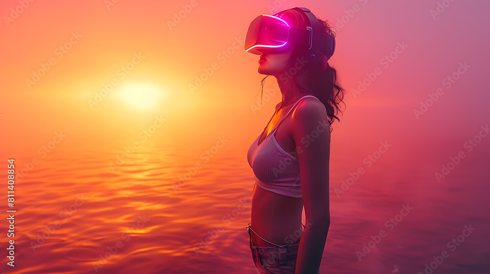 Immersed in the metaverse, a woman wears VR virtual reality goggles, embodying futuristic living, blending technology seamlessly with everyday life Immersed in the metaverse, a woman wears VR virtual reality goggles, embodying futuristic living, blending technology seamlessly with everyday life