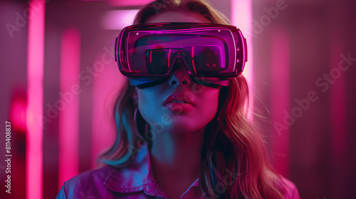 Immersed in the metaverse, a woman wears VR virtual reality goggles, embodying futuristic living, blending technology seamlessly with everyday life