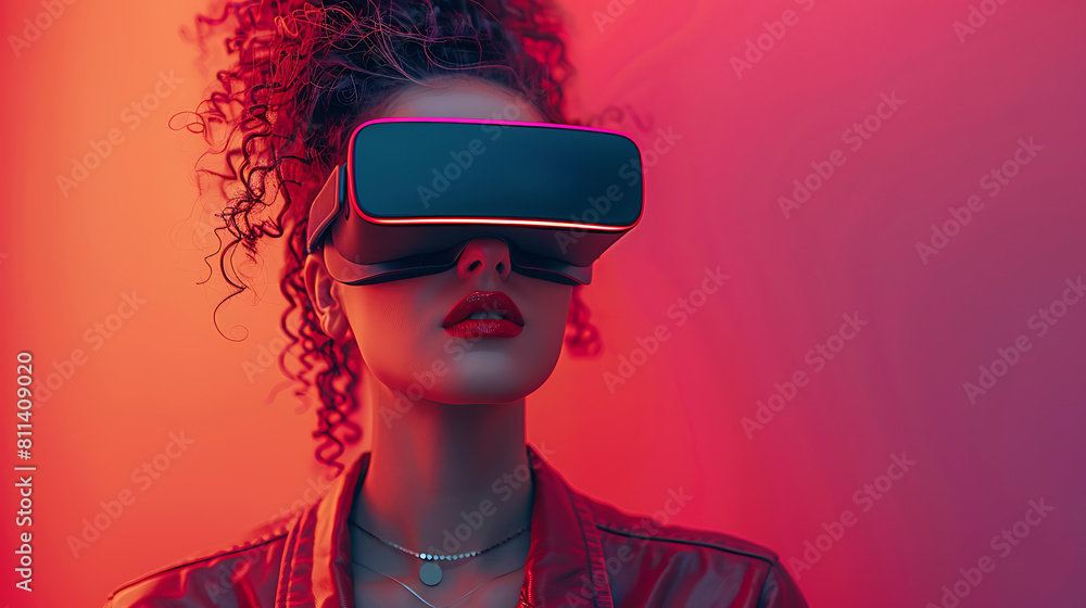 Immersed in the metaverse, a woman wears VR virtual reality goggles, embodying futuristic living, blending technology seamlessly with everyday life Immersed in the metaverse, a woman wears VR virtual reality goggles, embodying futuristic living, blending technology seamlessly with everyday life