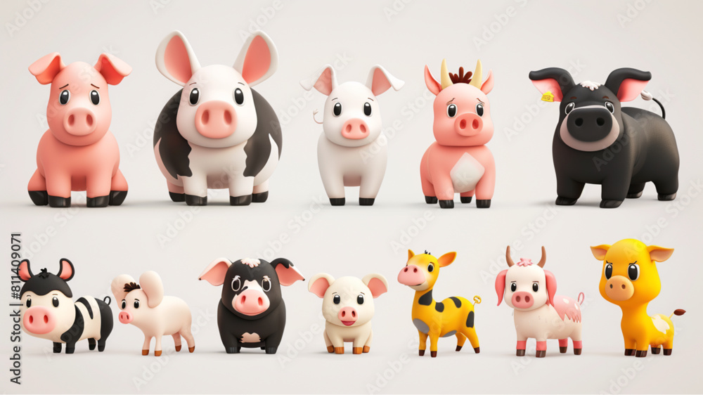 Farm animals with their baby. Cartoon pet animal family. Mothers and kids