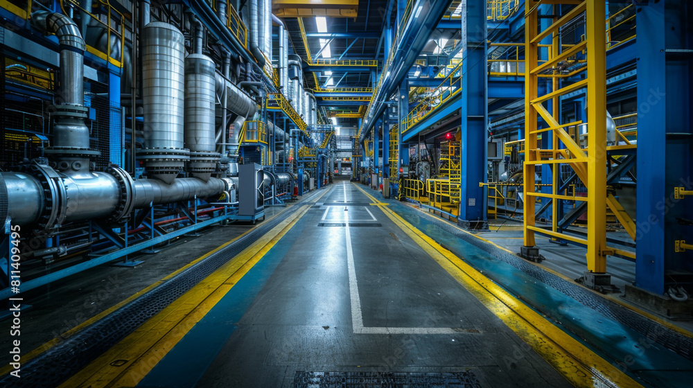 Wide-angle shot of a vast industrial factory interior, highlighting extensive machinery and structural complexity.