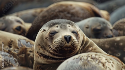 Seal without ears sleeps in packs © AkuAku