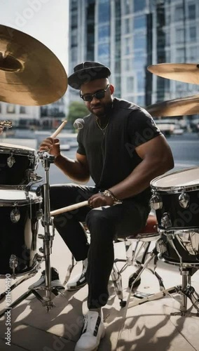 A Black man playing drums in a band award winning photography hyper r