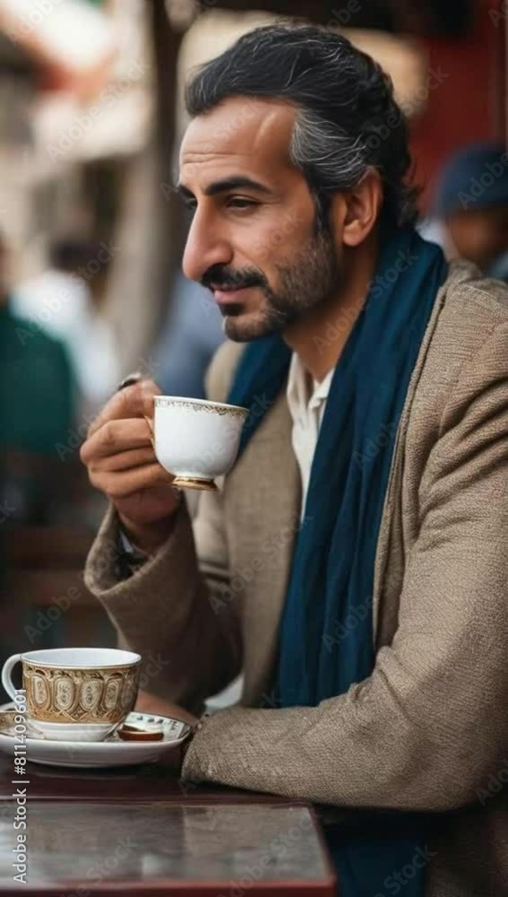 A Middle Eastern man sipping tea at a sidewalk cafe award winning pho A Middle Eastern man sipping tea at a sidewalk cafe award winning pho