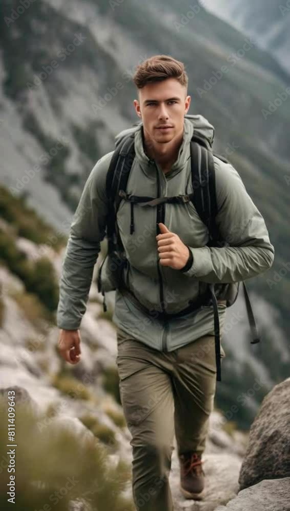 A young Caucasian man hiking in a mountainous landscape award winning A young Caucasian man hiking in a mountainous landscape award winning