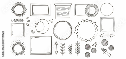  Hand drawn doodle simple vector set of circle, square and arrow frame shapes for text boxes on a business document background