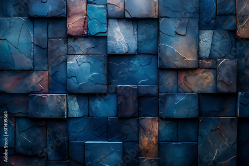abstract background of a wall of square stones, mostly blue in color photo