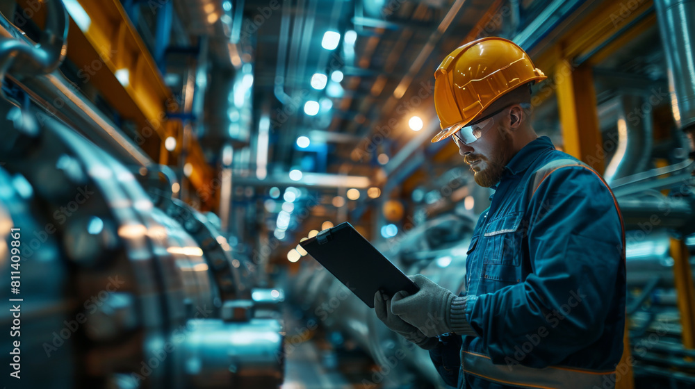 A focused engineer wearing a hard hat and safety goggles inspects machinery in an industrial manufacturing plant. A focused engineer wearing a hard hat and safety goggles inspects machinery in an industrial manufacturing plant.