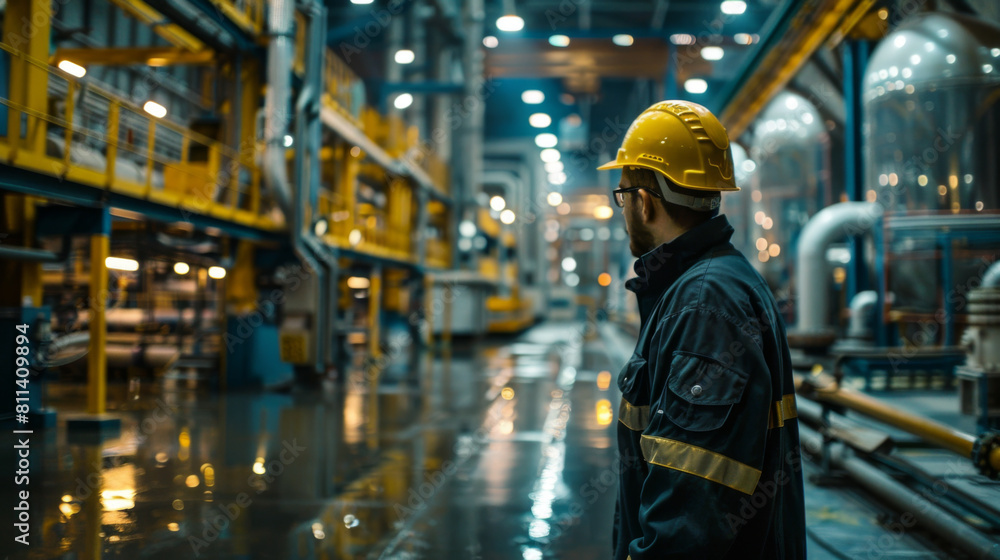 Male worker in safety helmet standing alone, overseeing a busy factory interior with complex machinery. Male worker in safety helmet standing alone, overseeing a busy factory interior with complex machinery.