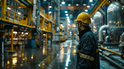 Male worker in safety helmet standing alone, overseeing a busy factory interior with complex machinery.