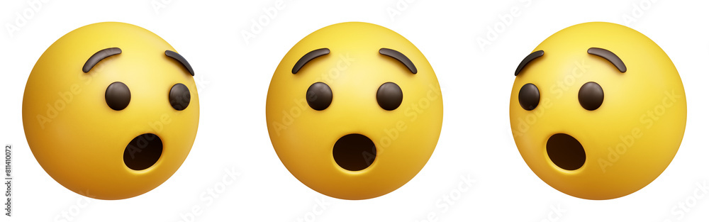 Hushed or surprised face three-dimensional emoji isolated on transparent background. 3D rendering Hushed or surprised face three-dimensional emoji isolated on transparent background. 3D rendering