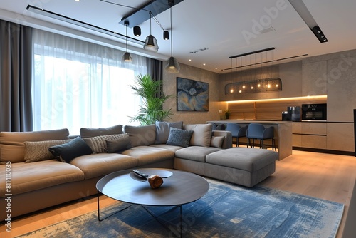 Modern Gray, sand and blue stylish studio aprtment with living room interior design photo