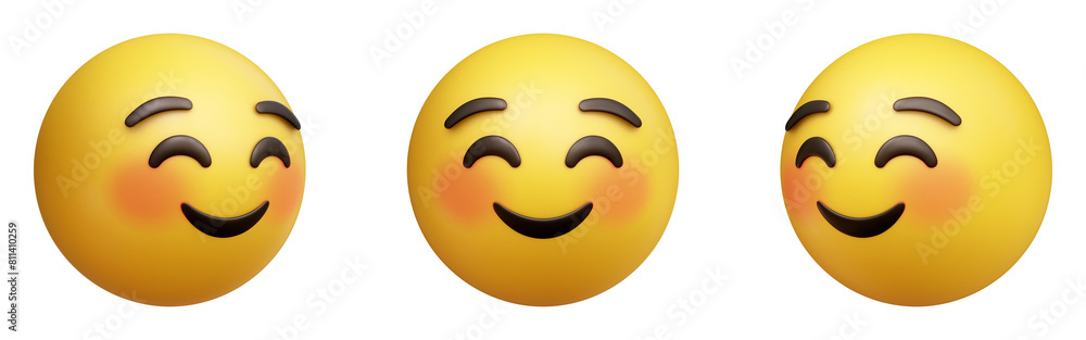 Smiling face three-dimensional emoji. Pleased emoticon isolated on transparent background. 3D rendering Smiling face three-dimensional emoji. Pleased emoticon isolated on transparent background. 3D rendering