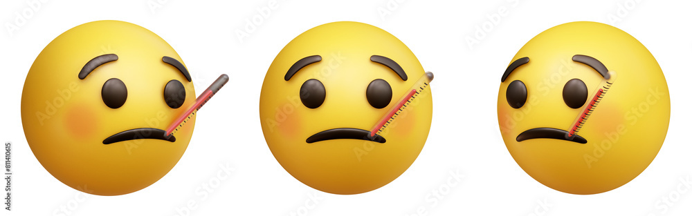 Face with thermometer three-dimensional emoji. Fever emoticon isolated on transparent background. 3D rendering Face with thermometer three-dimensional emoji. Fever emoticon isolated on transparent background. 3D rendering