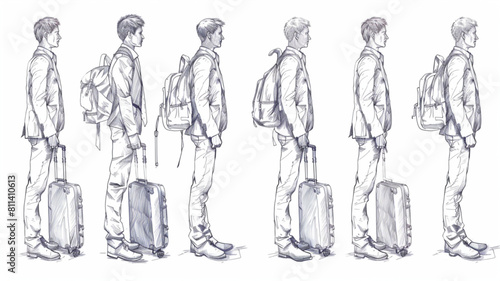  man with a suitcase, sketch, outline on a white background vector 3D avatars set vector icon, white background, black colour icon