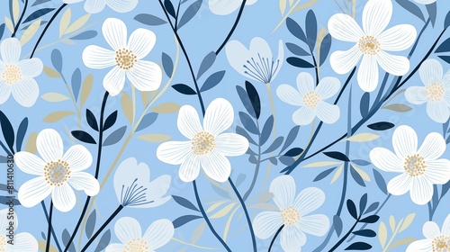 Elegant botanical illustration featuring a seamless floral pattern with white flowers on a blue background.