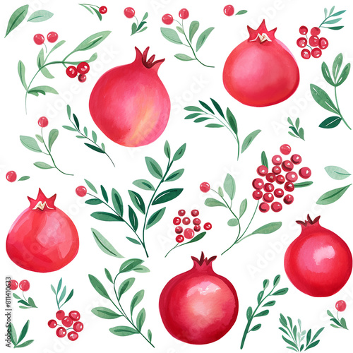 Pomegranates pattern with green leaves green branches and red berries png with a transparent background