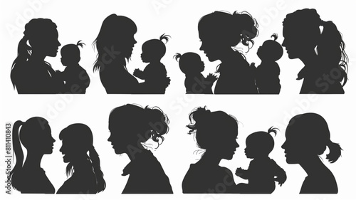mom and baby, mom and daughter, mom and son set silhouette on white background vector 3D avatars set
