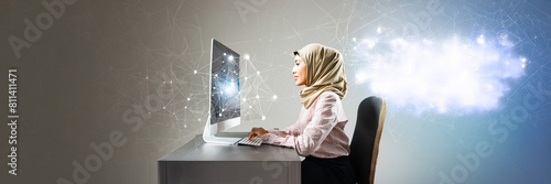 muslim woman working on computer in office