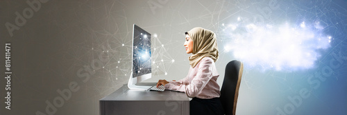 muslim woman working on computer in office photo