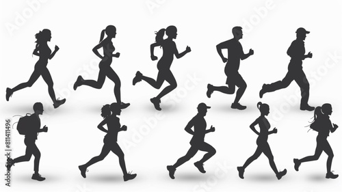 people running silhouette set on white background, vector 3D avatars set vector icon, white background, black colour icon