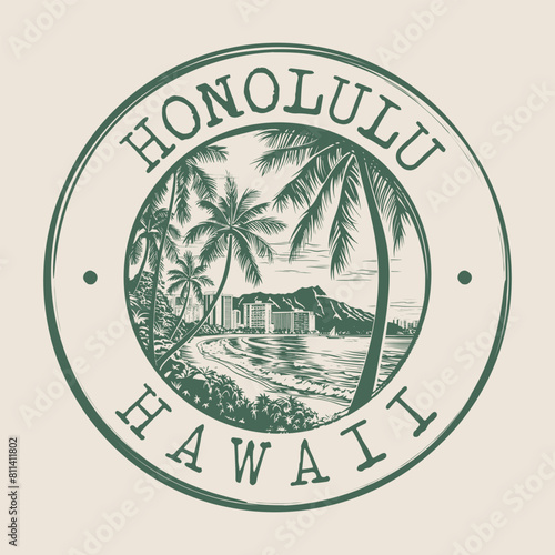 Honolulu, Hawaii Stamp City Postmark. Silhouette Postal Passport. Round Vector Icon. Vintage Postage Design.	
