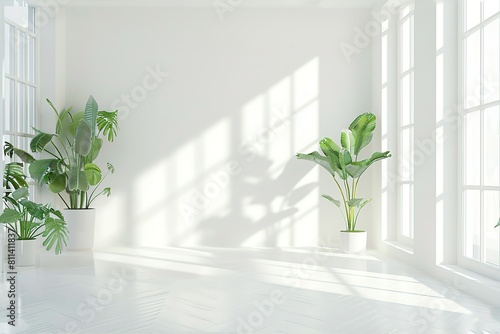 Minimal living room with indoor plants. Bright authentic home interior with plants. Home gardening and biophilic design Sunlight fills the spacious, airy rooms © Koplexs-Stock