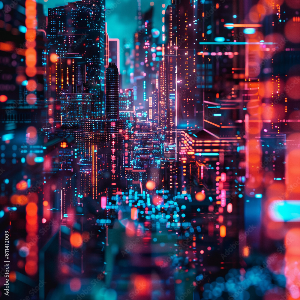 Futuristic Cyber Cityscape with Neon Lights and Digital Structures Futuristic Cyber Cityscape with Neon Lights and Digital Structures