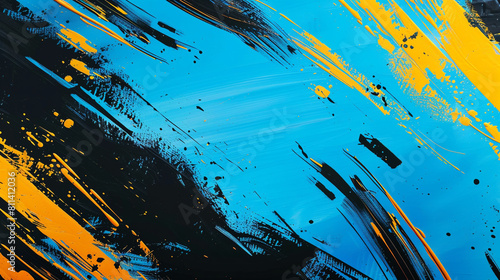 Abstract background of black and yellow strokes on blue background of creative painting