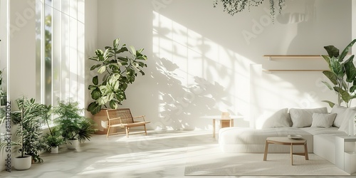 Minimal living room with indoor plants. Bright authentic home interior with plants. Home gardening and biophilic design Sunlight fills the spacious  airy rooms