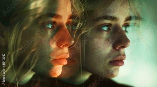 distorted portrait of female, reflection