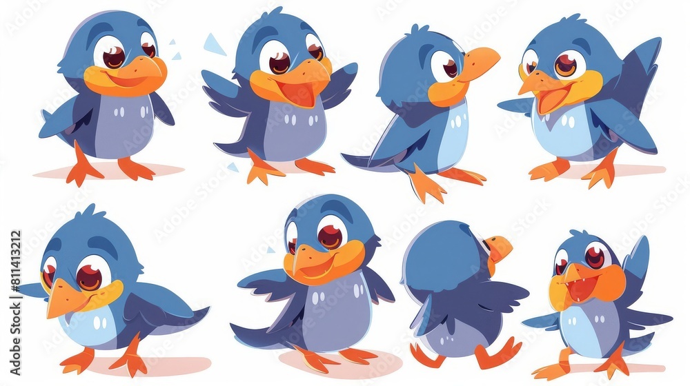 A cartoon of a blue bird in various poses. A cartoon of a blue bird in various poses.