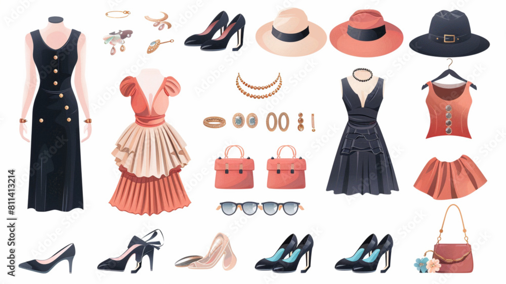 
set of women's clothing and shoes, jewelry and sumak in flat style, vector 3D avatars set vector icon,